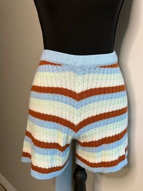 No comment Striped Knit Bermuda Shorts in Light Blue, Brown & Cream